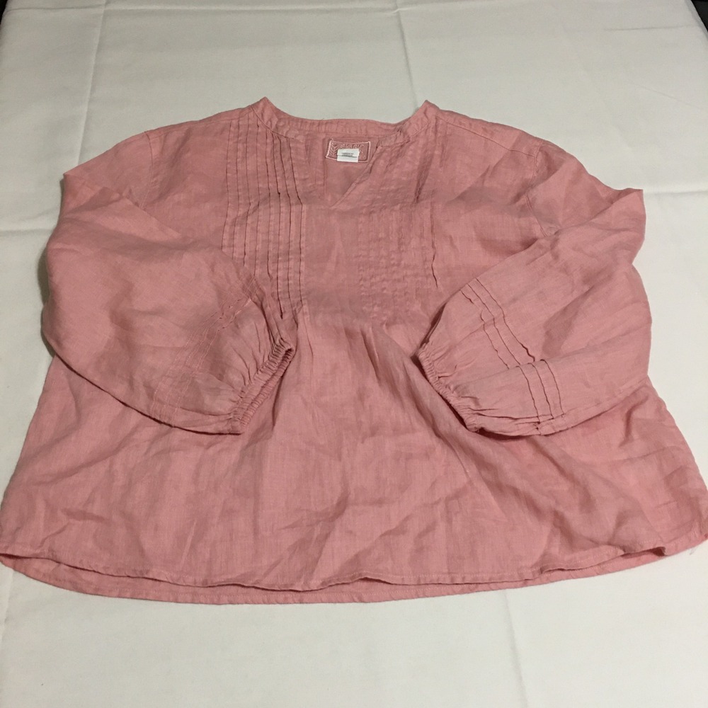 Sigrid Olsen Blouse Womens XS Pink Linen Pintuck V-Neck 3/4 Sleeve